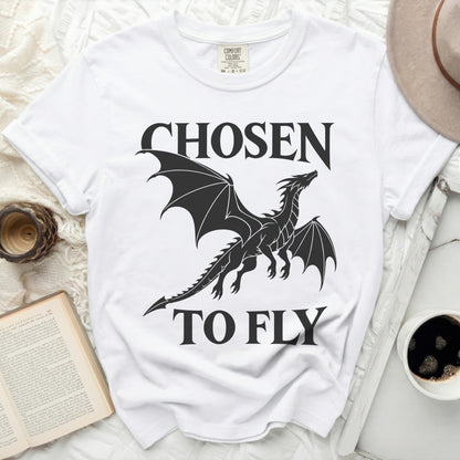 White t-shirt with black graphic of a dragon and text "CHOSEN TO FLY".