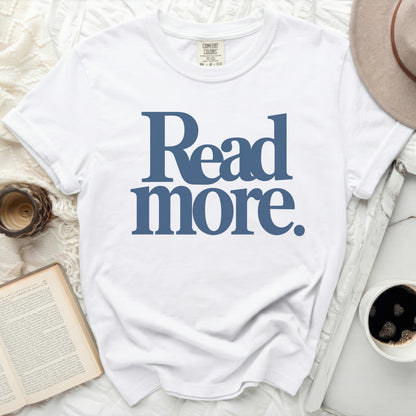 White t-shirt with "Read more." in large blue lettering.