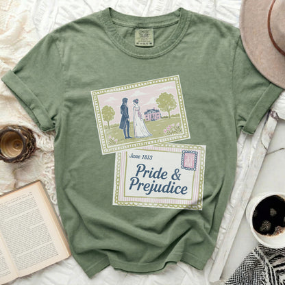 Green t-shirt with "Pride & Prejudice" illustration and June 1813 date.