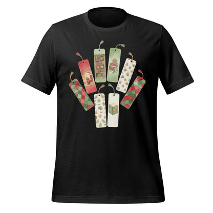 Festive bookmarks graphic on black shirt product