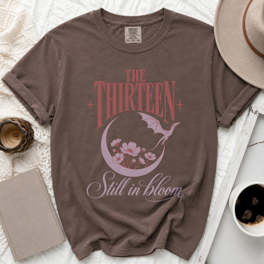 Brown t-shirt with "The Thirteen Still in bloom" text and dragon graphic.