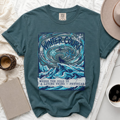 Teal t-shirt with "Winter Court" text and wolf illustration.
