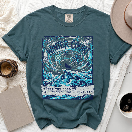 Teal t-shirt with "Winter Court" text and wolf illustration.