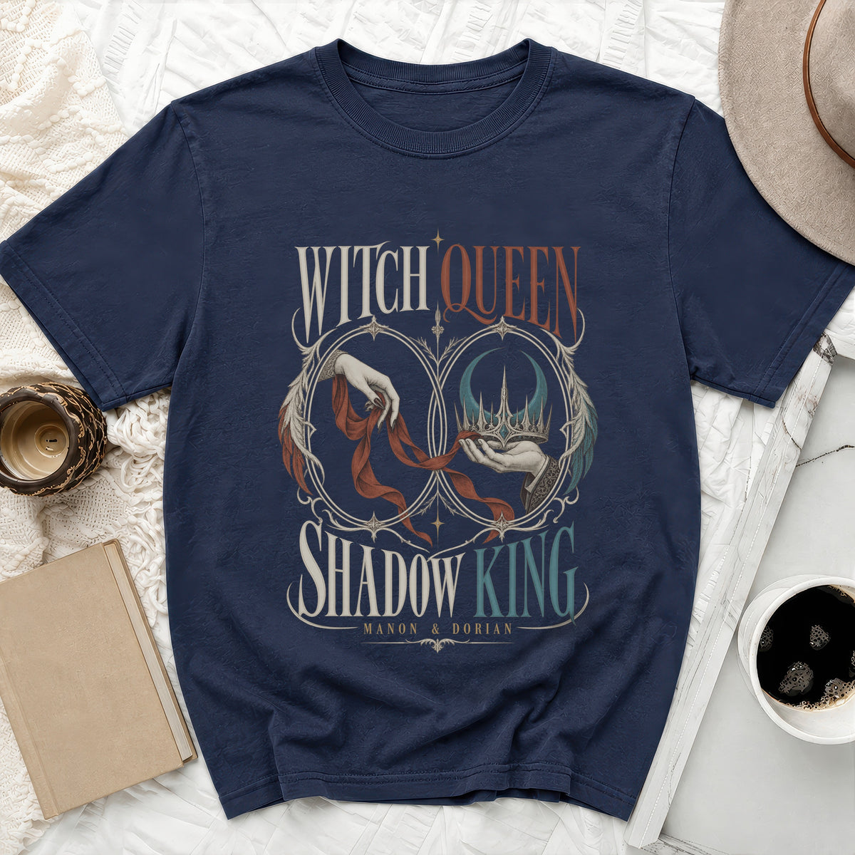 Navy t-shirt with Witch Queen Shadow King graphic by Manon & Dorian.