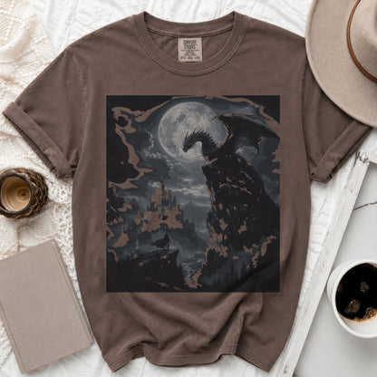 Brown t-shirt with a graphic of a dragon, castle, and knight under a full moon.