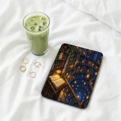 Tablet cover with a fantasy library design, next to a green drink and rings.