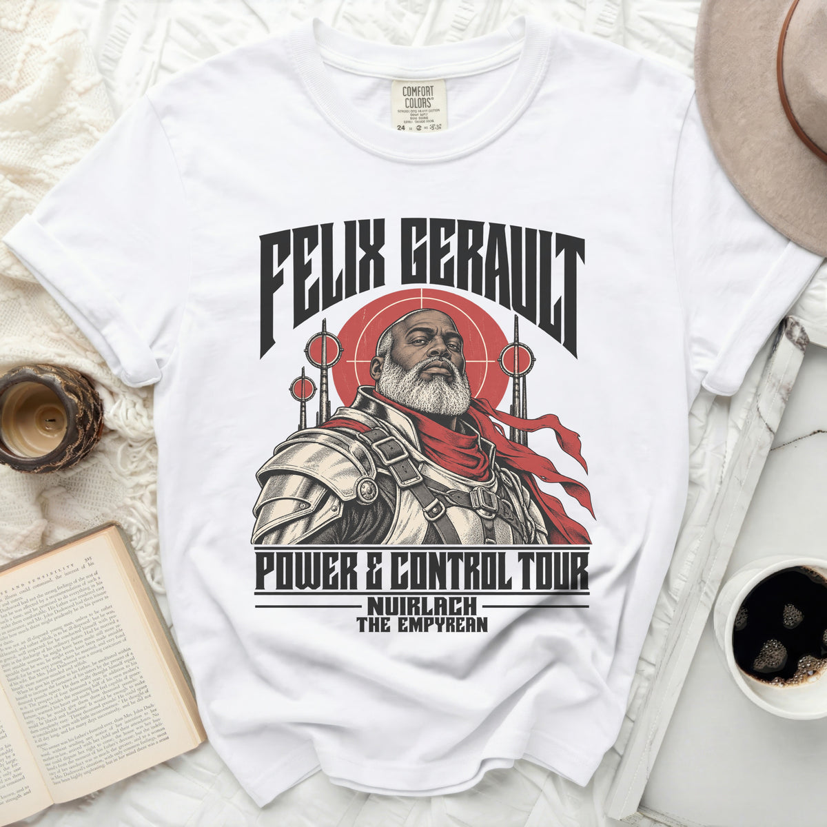 White t-shirt with Felix Gérault "Power & Control Tour" graphic.