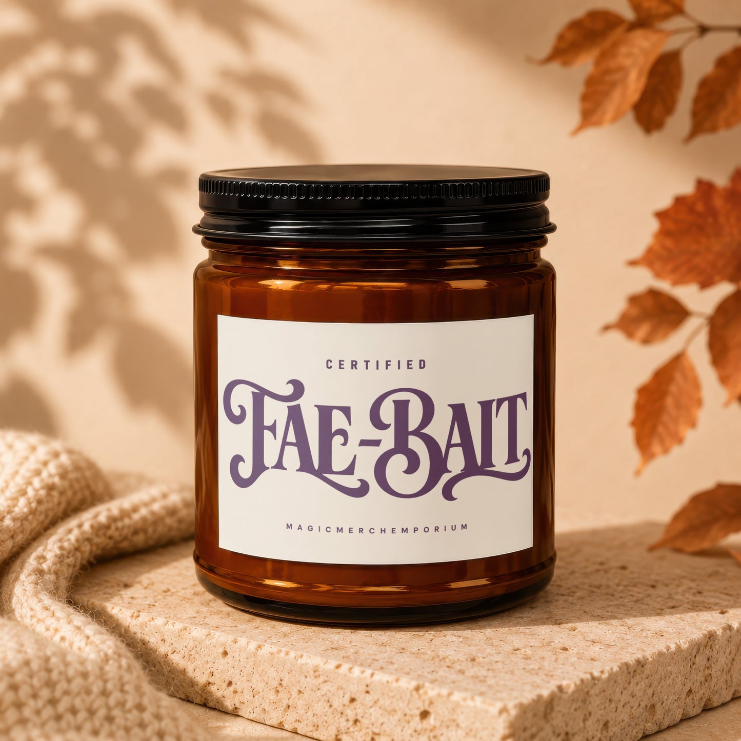 Amber jar candle labeled "Fae-Bait" with "Certified MagicMerchemporium" underneath.