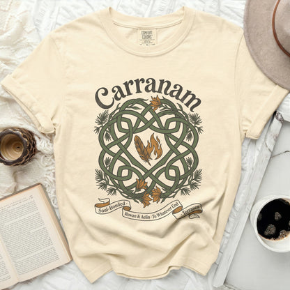 Cream t-shirt with Celtic knot and flames design, "Carranam" text.