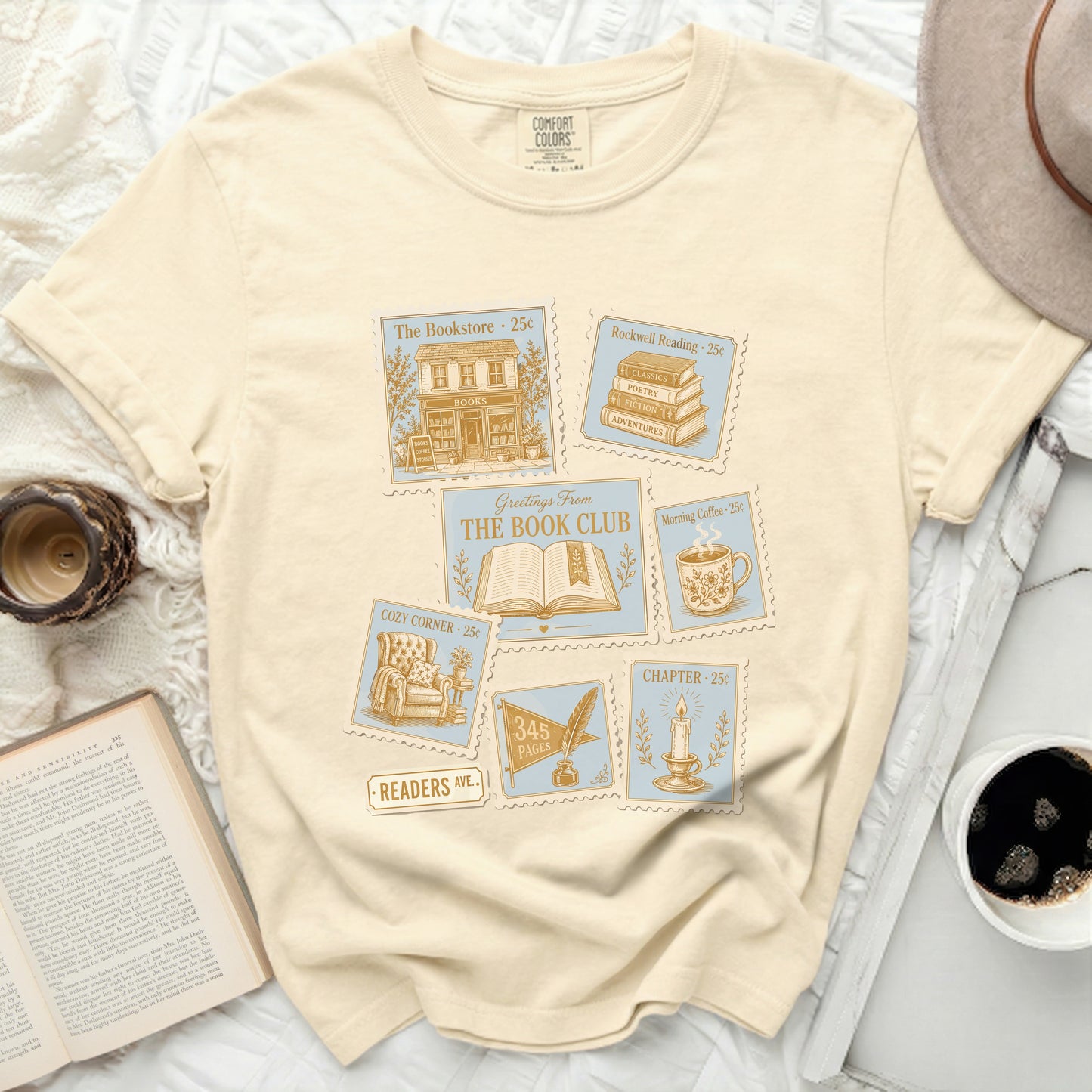 T-shirt with postage stamp-style graphics for "The Bookstore" and "The Book Club."