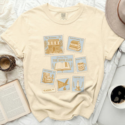 T-shirt with postage stamp-style graphics for "The Bookstore" and "The Book Club."