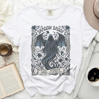 White t-shirt with "Shadow Daddy Azriel - Spymaster" fantasy art design.