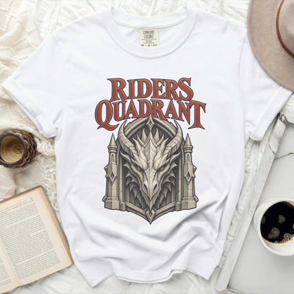 White t-shirt with "RIDERS QUADRANT" text and a stone dragon head design.
