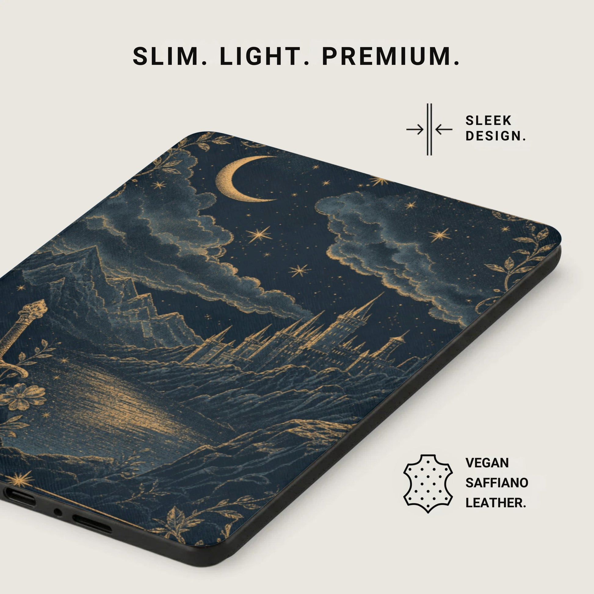 Device case with celestial castle design, text notes sleek design and vegan saffiano leather.