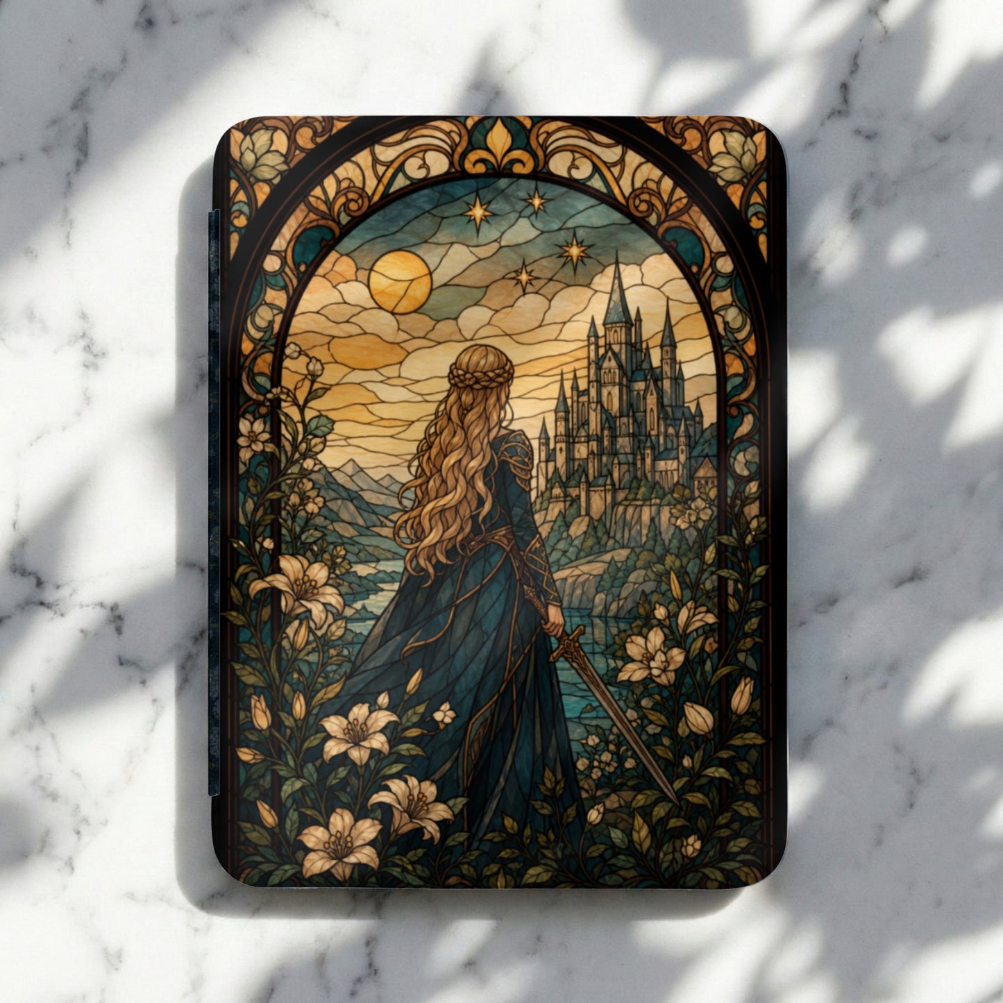 Stained glass art of a woman with sword facing a castle under a moonlit sky.