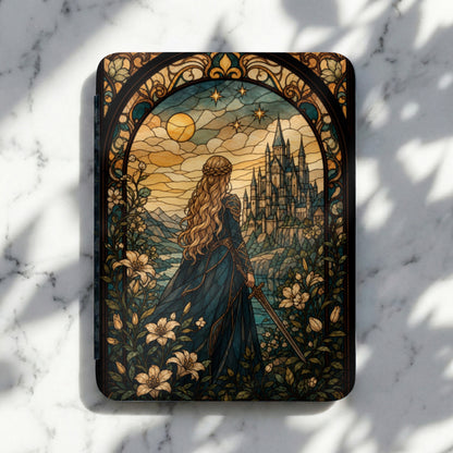 Stained glass art of a woman with sword facing a castle under a moonlit sky.