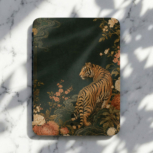 Dark green notebook cover with a tiger among peonies and swirling clouds design.