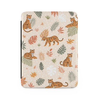 Device cover with a repeating pattern of cartoon tigers and tropical leaves on a beige background.