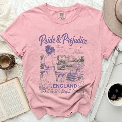 Pink t-shirt with "Pride & Prejudice England" graphic and Regency scene.