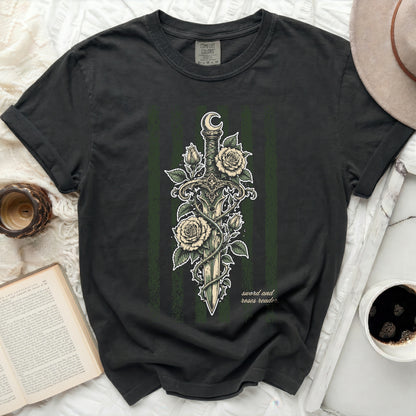 Black t-shirt with sword and roses graphic and text "sword and roses reader".