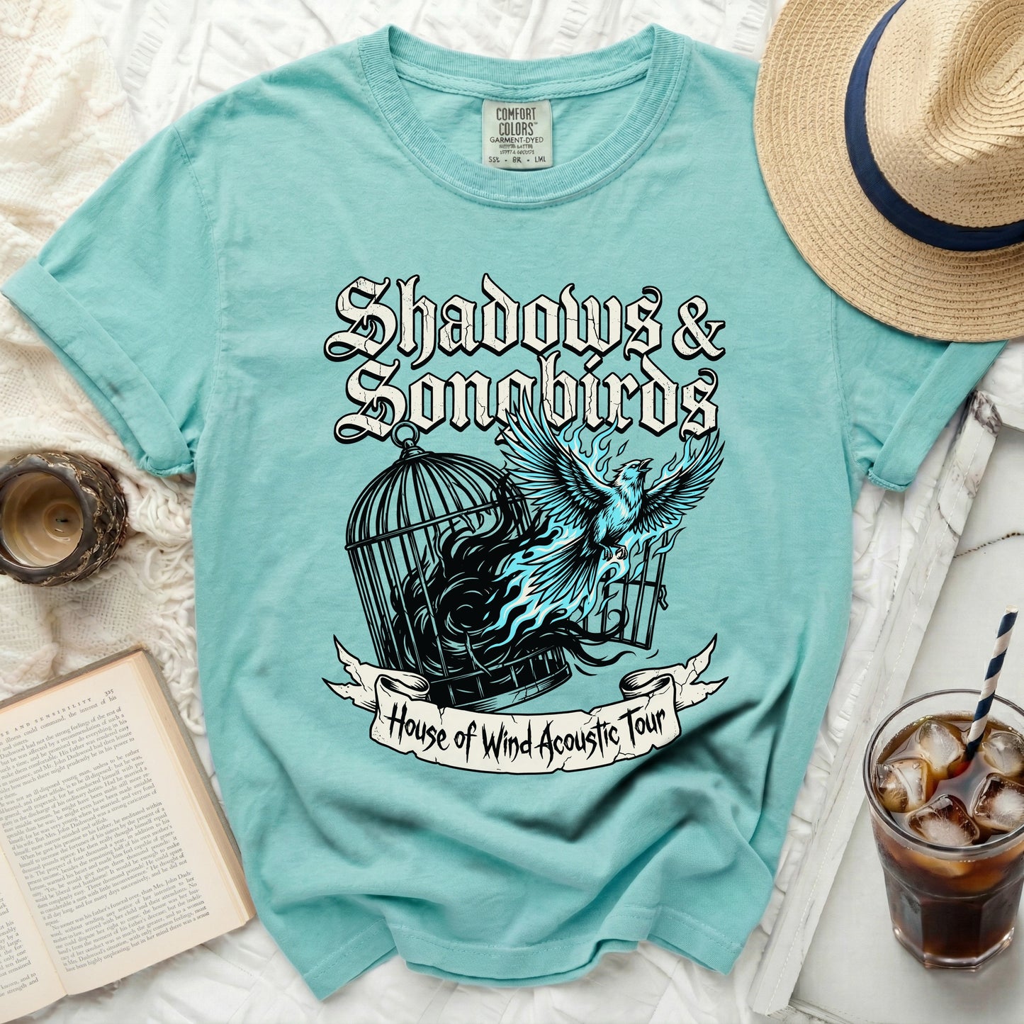 Teal t-shirt with "Shadows & Songbirds House of Wind Acoustic Tour" graphic.