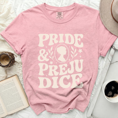 Pink Comfort Colors t-shirt with "Pride & Prejudice" and silhouette graphic.