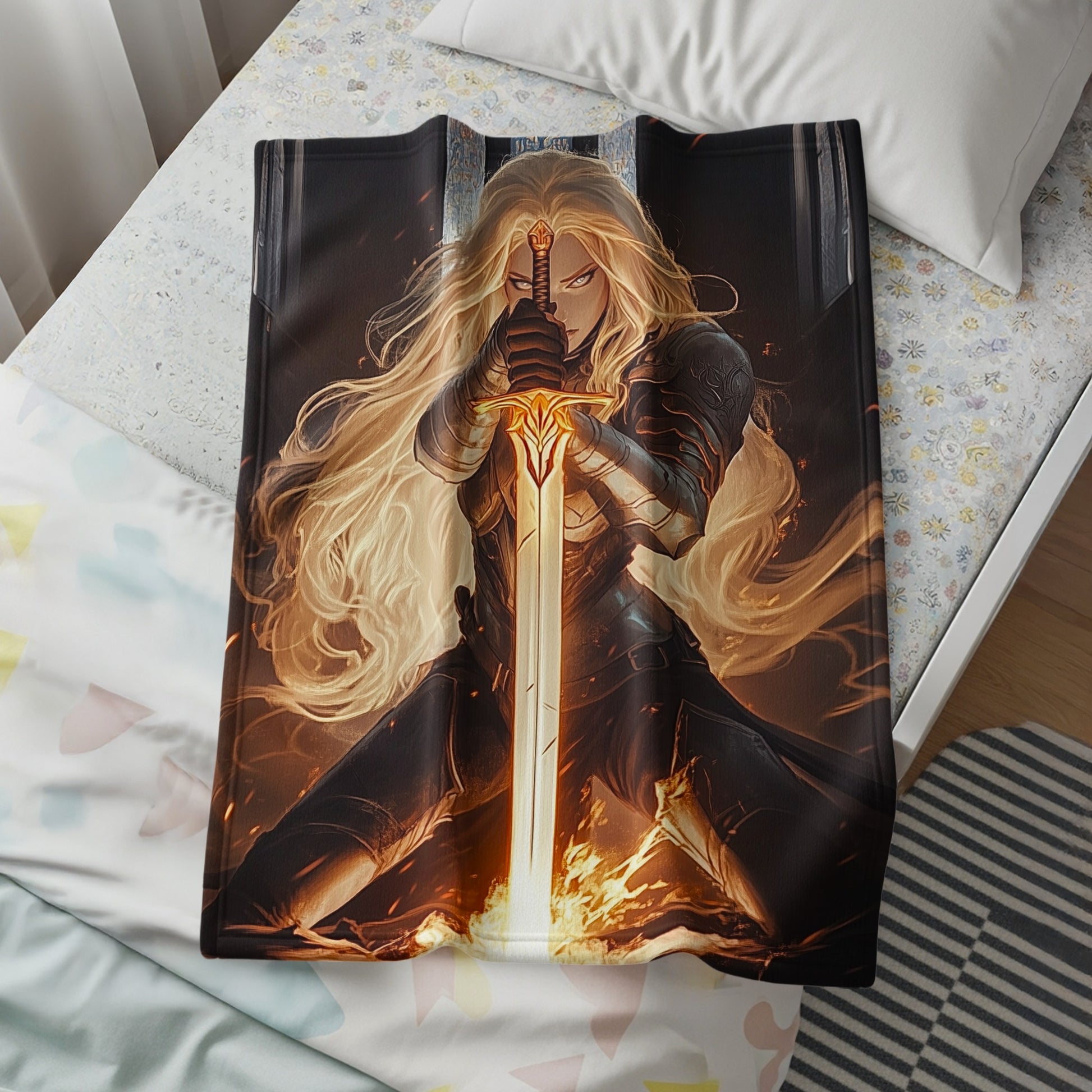 Fiery Sword Warrior Art in An Intense Battle Scene blanket