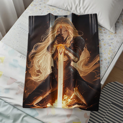 Fiery Sword Warrior Art in An Intense Battle Scene blanket