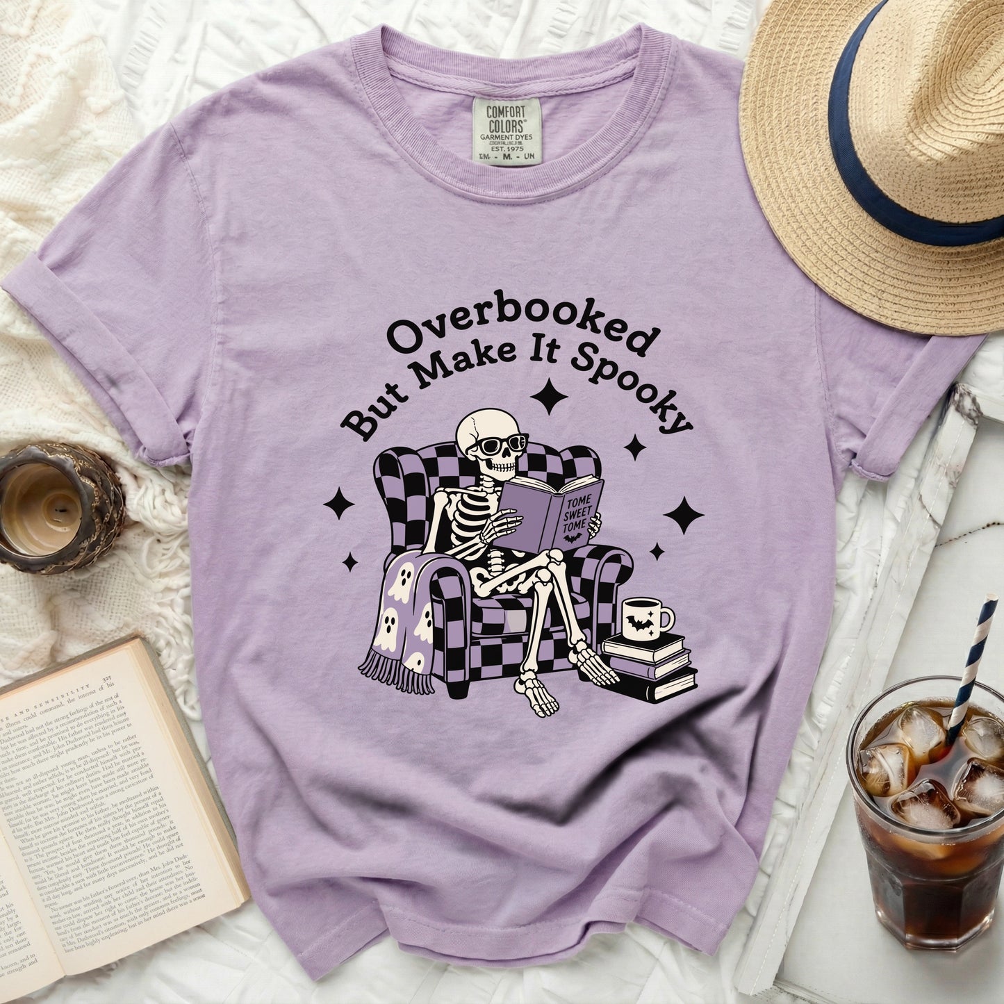Comfort Colors shirt with skeleton reading, "Overbooked But Make It Spooky."