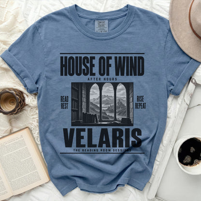 Blue t-shirt with "House of Wind After Hours Velaris The Reading Room Sessions" text and graphic.