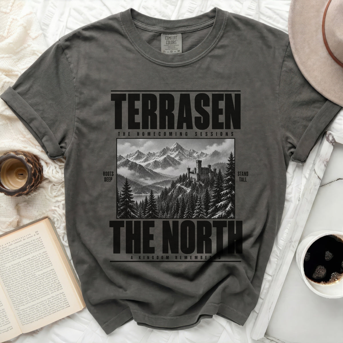 Terrasen The Homecoming Sessions The North t-shirt with mountain and castle graphic.