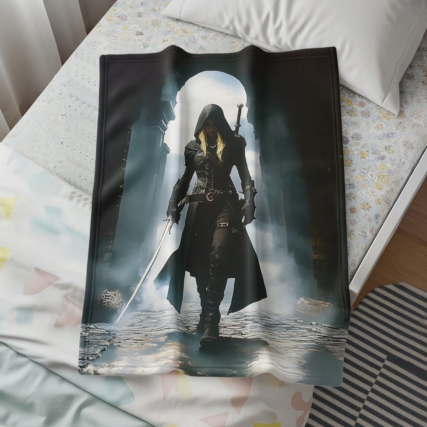 Mysterious Hooded Figure Amidst Foggy Ruins Throw Blanket