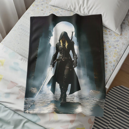 Mysterious Hooded Figure Amidst Foggy Ruins Throw Blanket