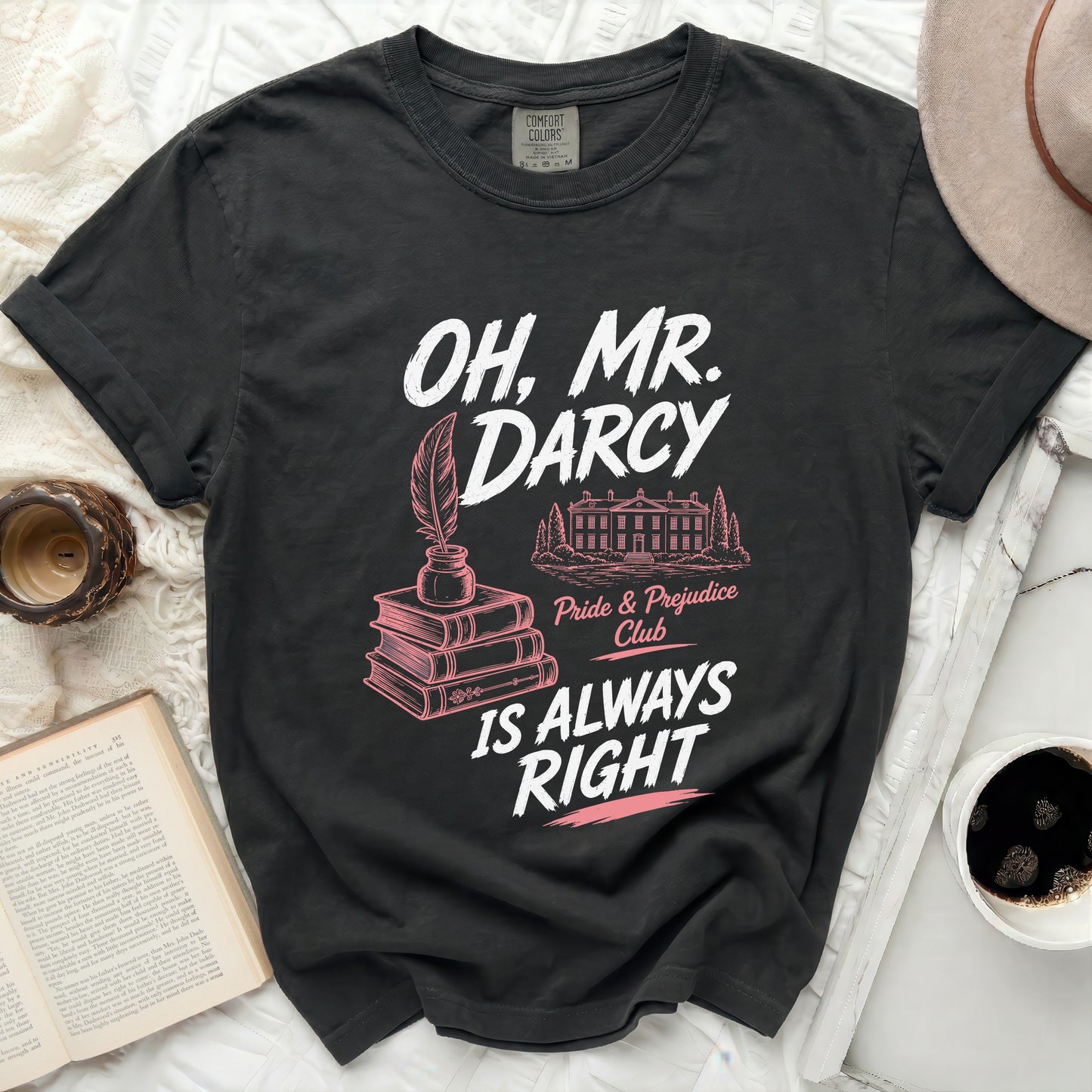 Black t-shirt with "Oh, Mr. Darcy" and Pride & Prejudice Club design.