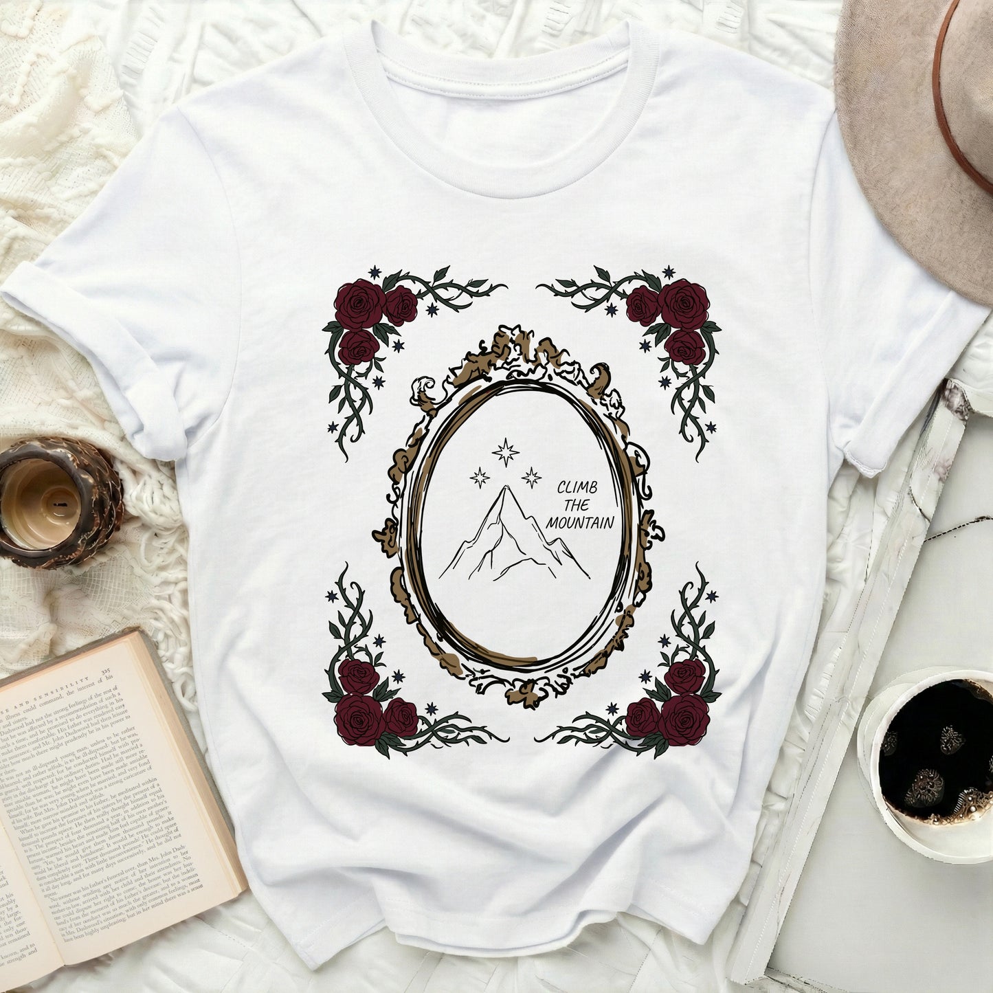 Climb The Mountain Rose Vines Stars Ornate Frame T-Shirt product type
Mountain, Rose, Vine, Stars, Climb, Inspirational, Adventure, Nature, Floral, Gothic, OrnateFrame, Whimsical, GraphicTee, WhiteTshirt, Apparel, Clothing, ShortSleeve, UniqueDesign, StatementShirt, Trendy