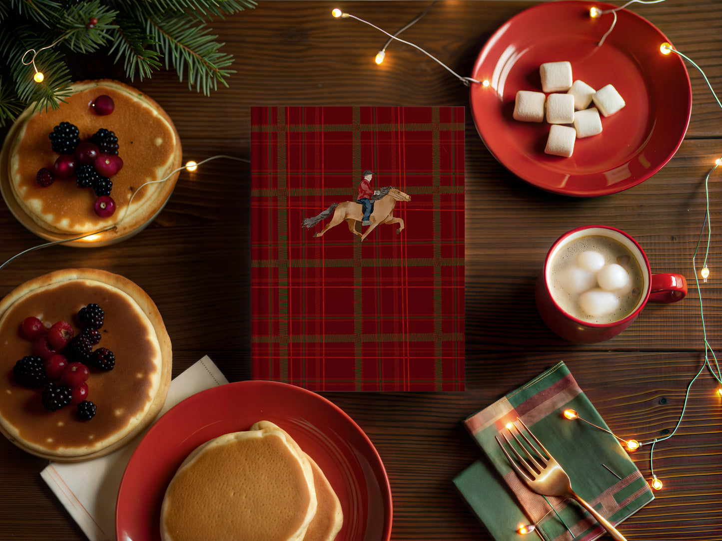 Horse Rider on Red Plaid Background Artwork