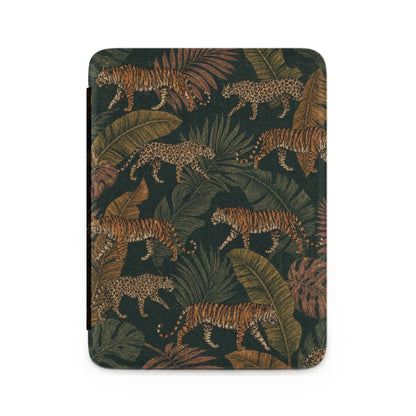 Tiger and leopard motif on a dark tropical leaf background.