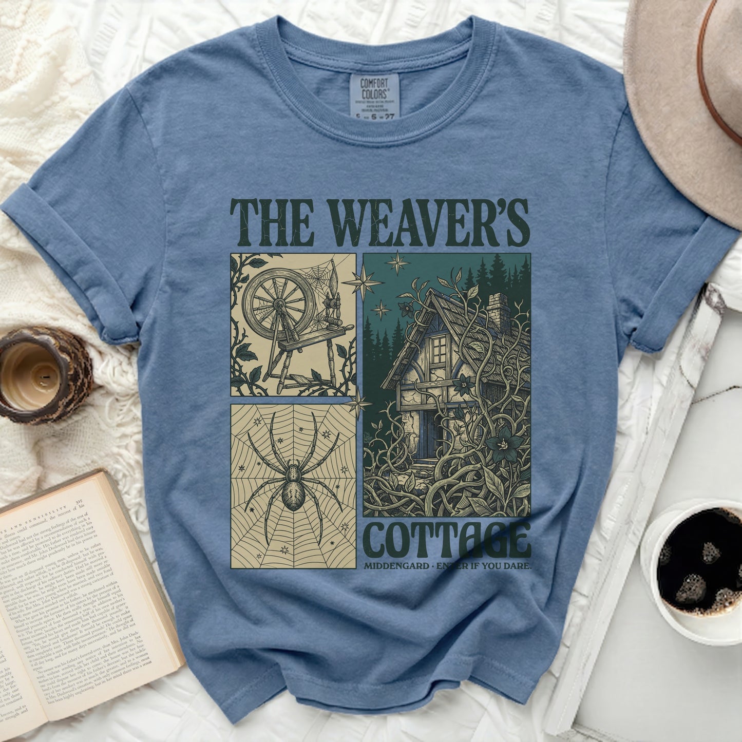 The Weaver's Cottage: spider, spinning wheel, cottage, stars, text.