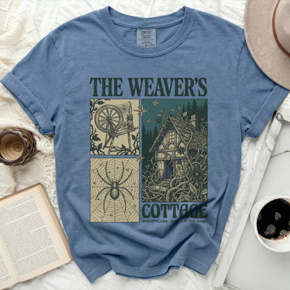 The Weaver's Cottage: spider, spinning wheel, cottage, stars, text.