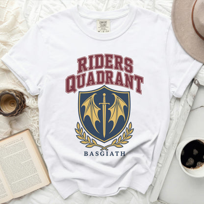White t-shirt with "RIDERS QUADRANT BASGIATH" text and shield logo.