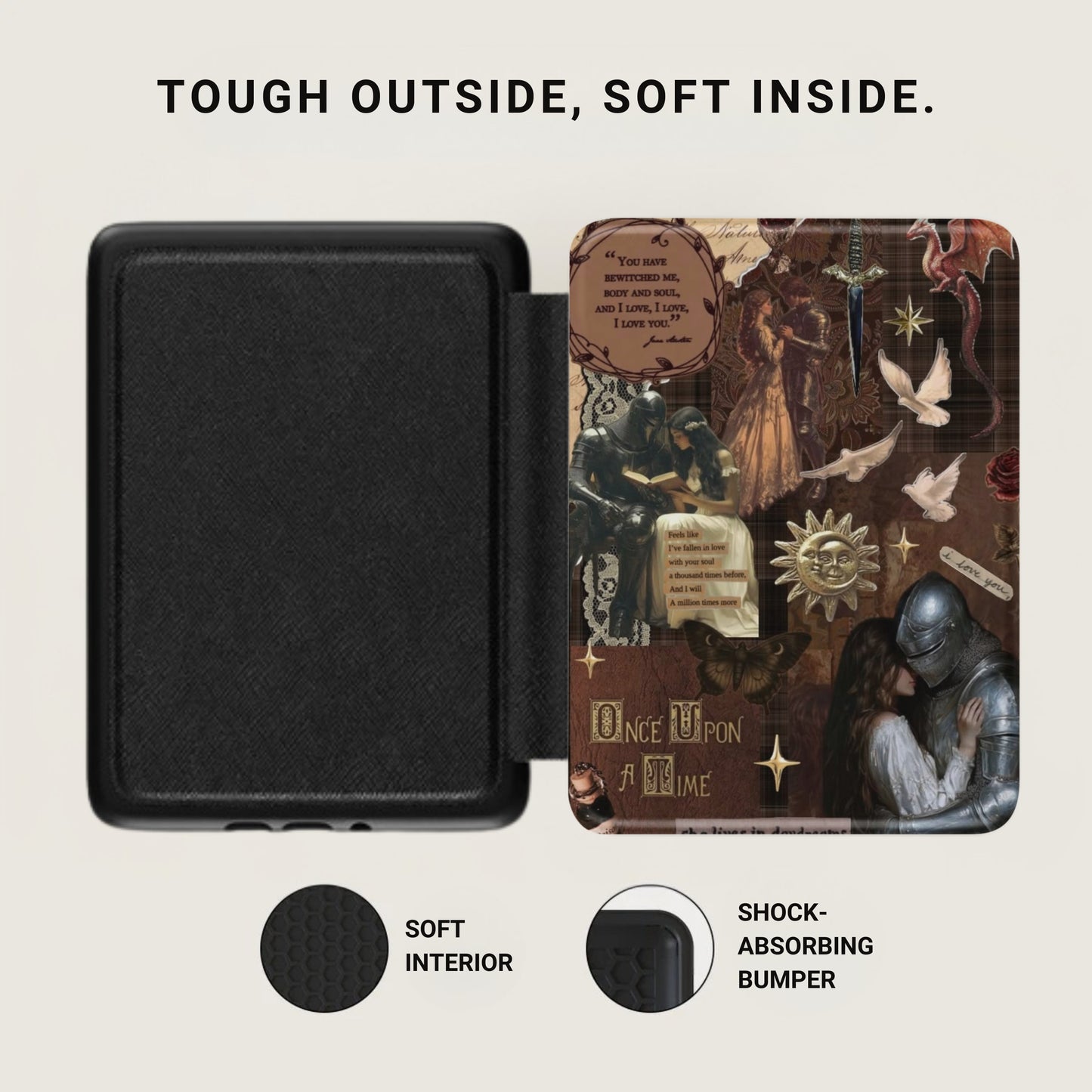 Black case with textured exterior, showing soft interior and collage art with knight and princess.