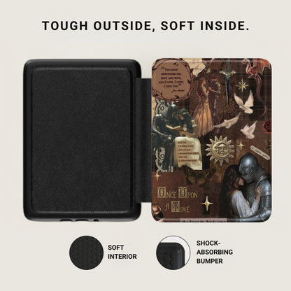 Black case with textured exterior, showing soft interior and collage art with knight and princess.