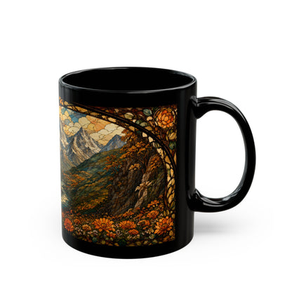 Black mug with a stained-glass style scene of mountains, trees, and flowers.