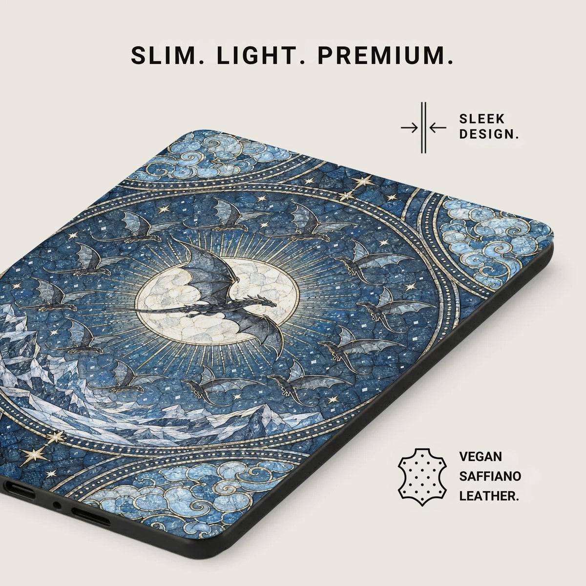 A blue leather e-reader case featuring a mosaic pattern of dragons, mountains, and celestial bodies.