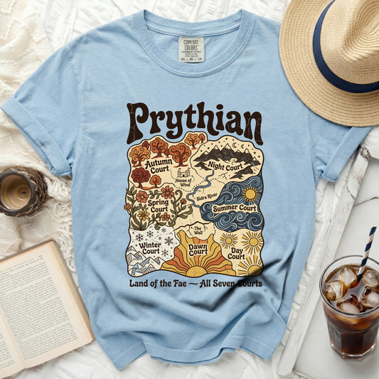 Light blue t-shirt featuring a map of Prythian with seven courts and the title.