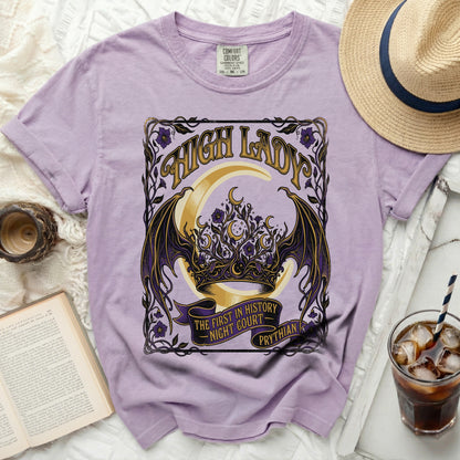 Lavender t-shirt with "High Lady Night Court Prythian" graphic and crescent moon.