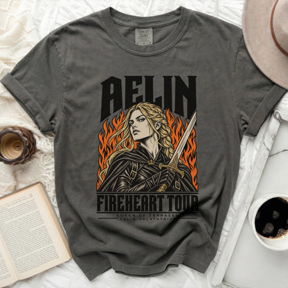 Aelin graphic t-shirt with text "Aelin Fireheart Tour Queen of Terrasen".