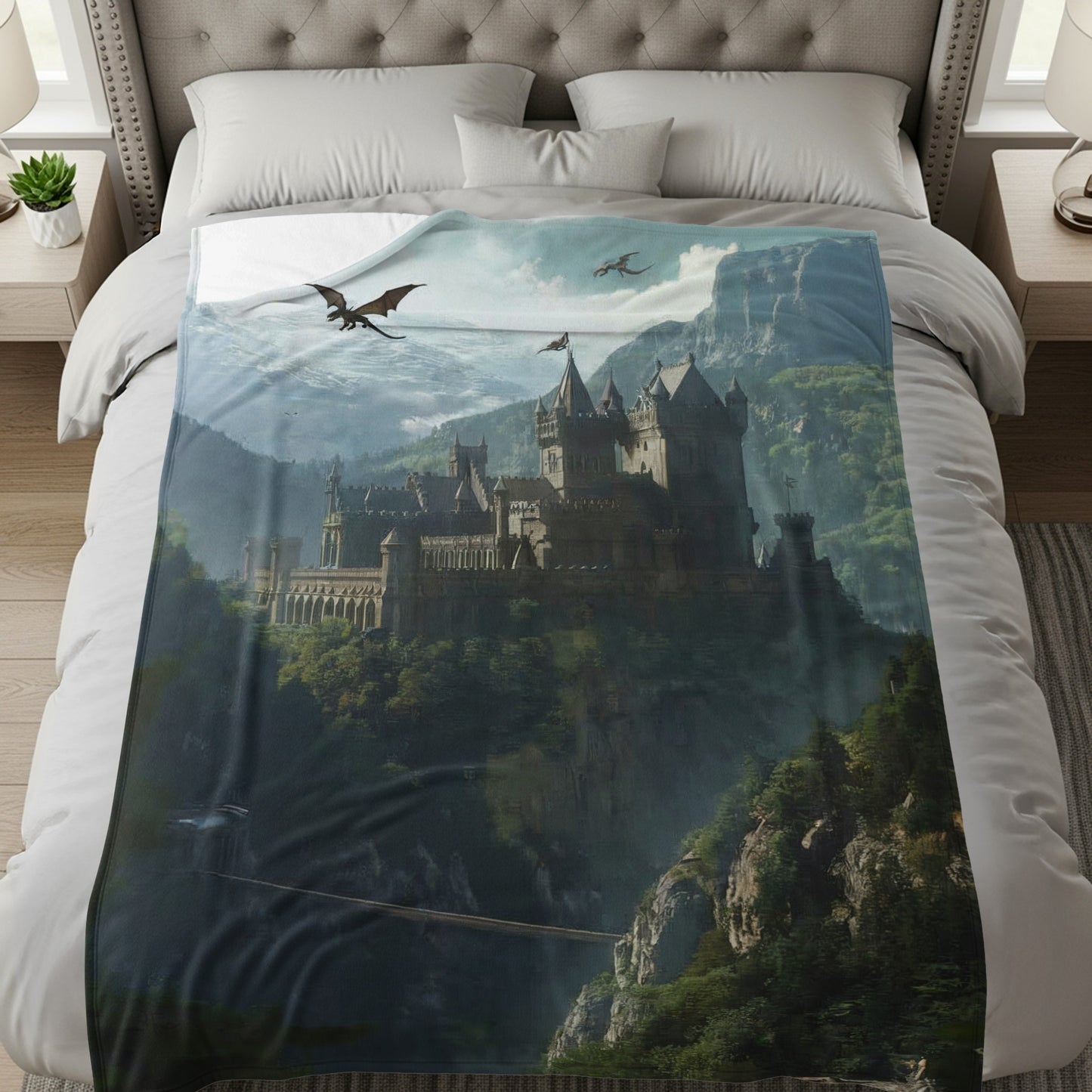 Majestic Castle and Dragons Landscape Blanket