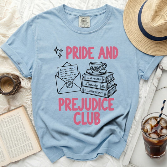 Light blue t-shirt with "Pride and Prejudice Club" text and book graphics.