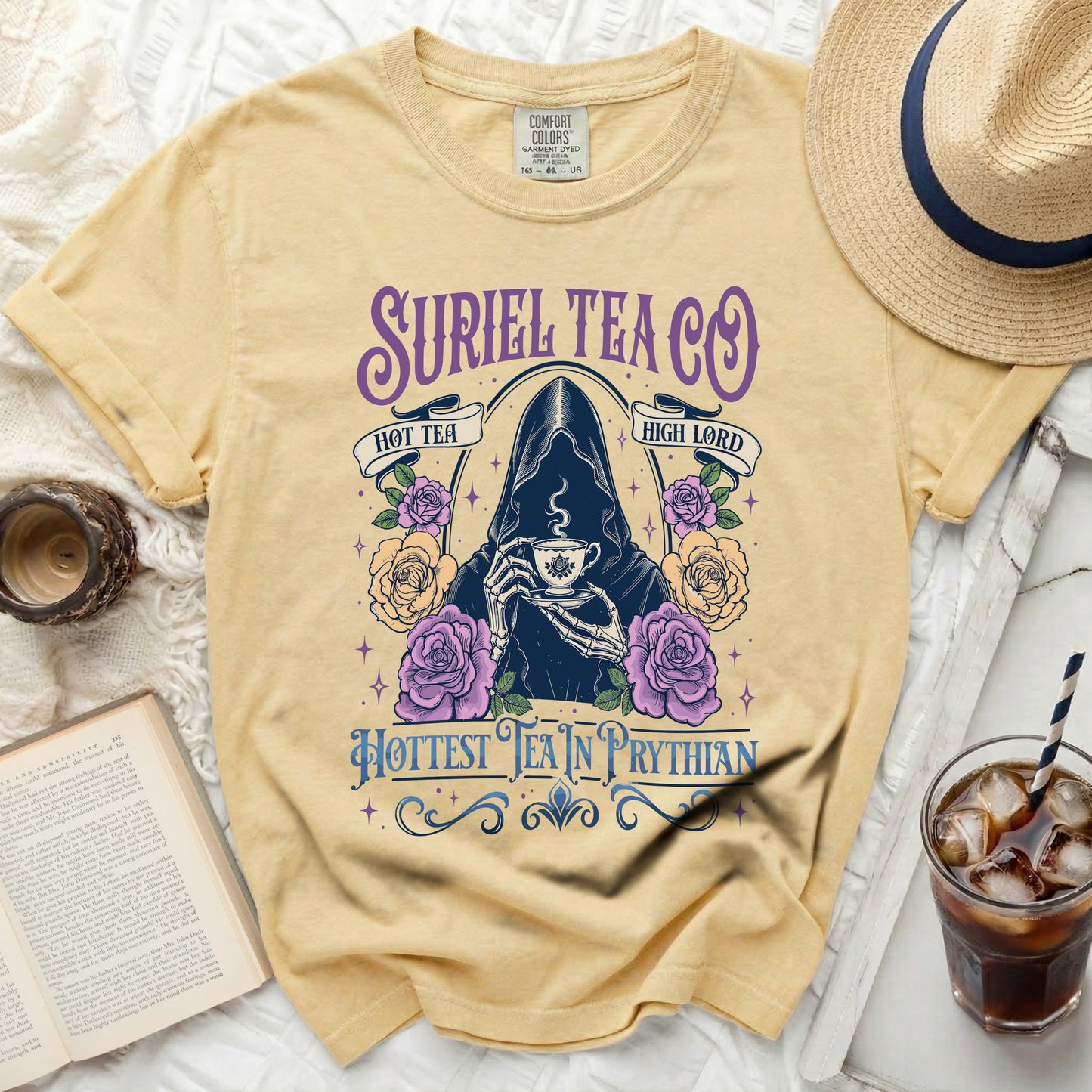 Yellow t-shirt with Grim Reaper holding tea, roses, and text.
